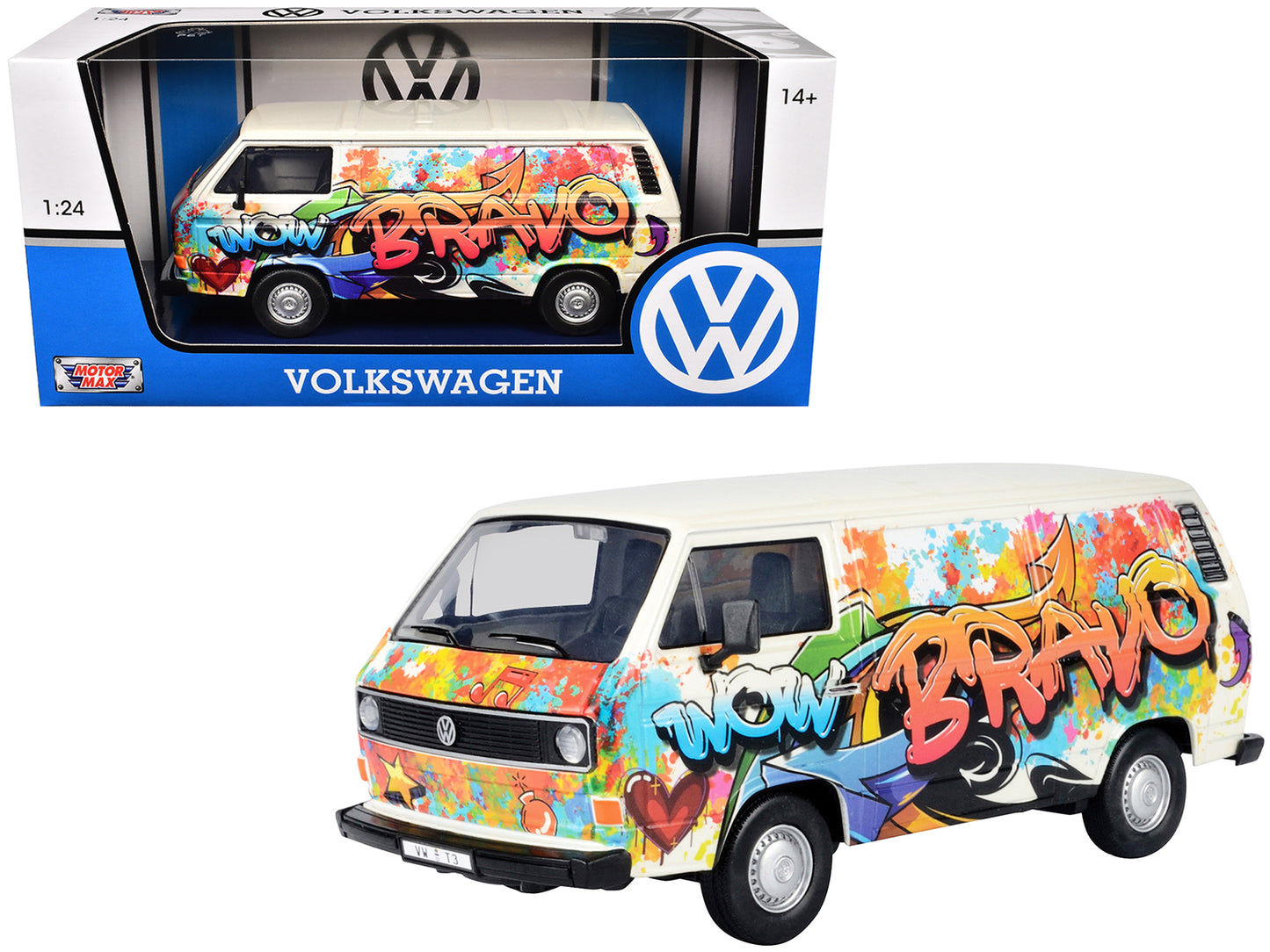 Volkswagen Type 2 (T3) Van White Metallic with Graffiti Graphics 1/24 Diecast Model Car by Motormax