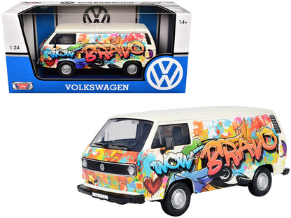 Volkswagen Type 2 (T3) Van White Metallic with Graffiti Graphics 1/24 Diecast Model Car by Motormax