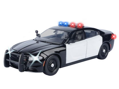 2023 Dodge Charger Pursuit Police Car Black and White with Flashing Light Bar Front and Rear Lights and 2 Sounds "Builder's Kit" 1/24 Diecast Model Car by Motormax