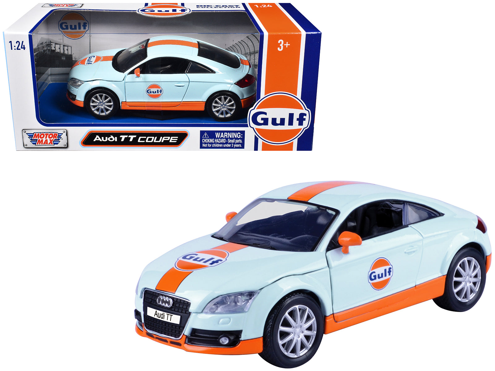 Audi TT Coupe "Gulf Oil" Light Blue with Orange Stripes "Gulf Die-Cast Collection" 1/24 Diecast Model Car by Motormax-DiecastModeler.com