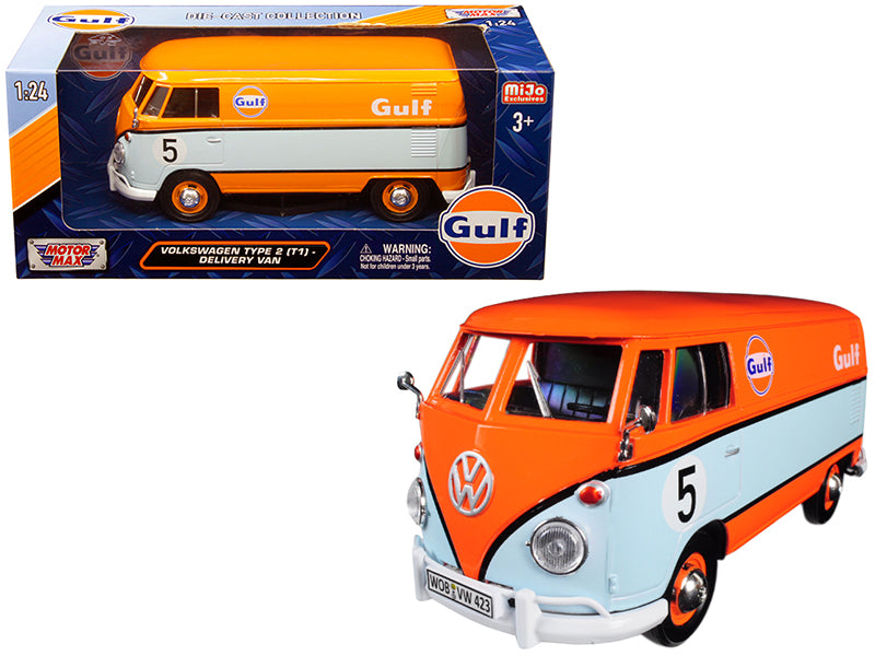 Volkswagen Type 2 (T1) Delivery Van #5 "Gulf" Orange and Light Blue 1/24 Diecast Model Car by Motormax-DiecastModeler.com