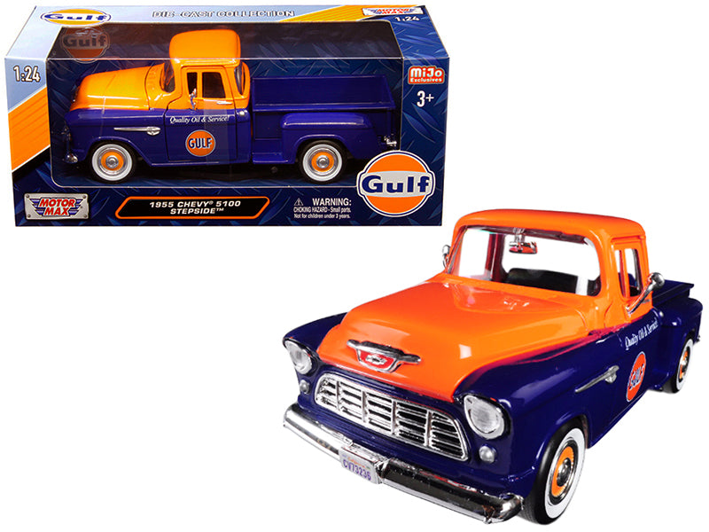 1955 Chevrolet 5100 Stepside Pickup Truck "Gulf" Dark Blue and Orange 1/24 Diecast Model Car by Motormax-DiecastModeler.com