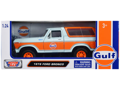 1978 Ford Bronco Light Blue and Orange "Gulf Oil" "Gulf Die-Cast Collection" 1/24 Diecast Model Car by Motormax-DiecastModeler.com