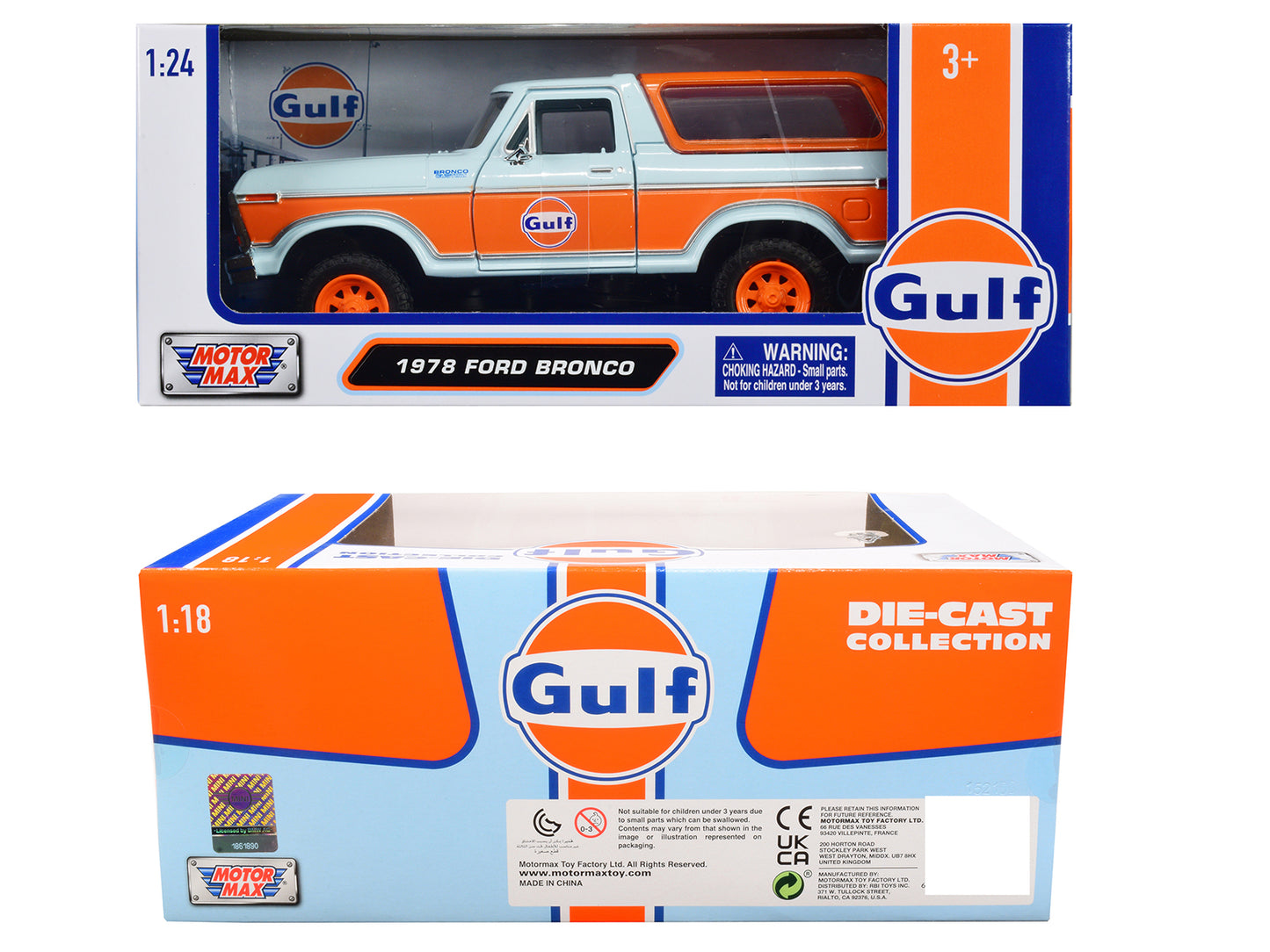 1978 Ford Bronco Light Blue and Orange "Gulf Oil" "Gulf Die-Cast Collection" 1/24 Diecast Model Car by Motormax-DiecastModeler.com