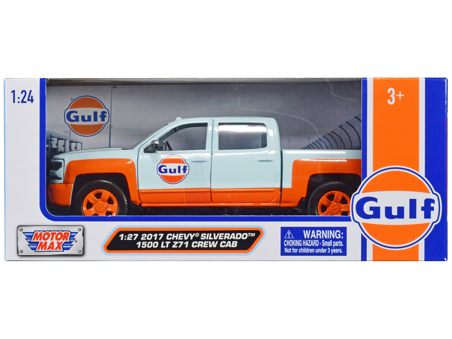 2017 Chevrolet Silverado 1500 LT Z71 Crew Cab Pickup Truck Light Blue with Orange Stripes "Gulf Oil" "Gulf Die-Cast Collection" 1/27 Diecast Model Car by Motormax-DiecastModeler.com
