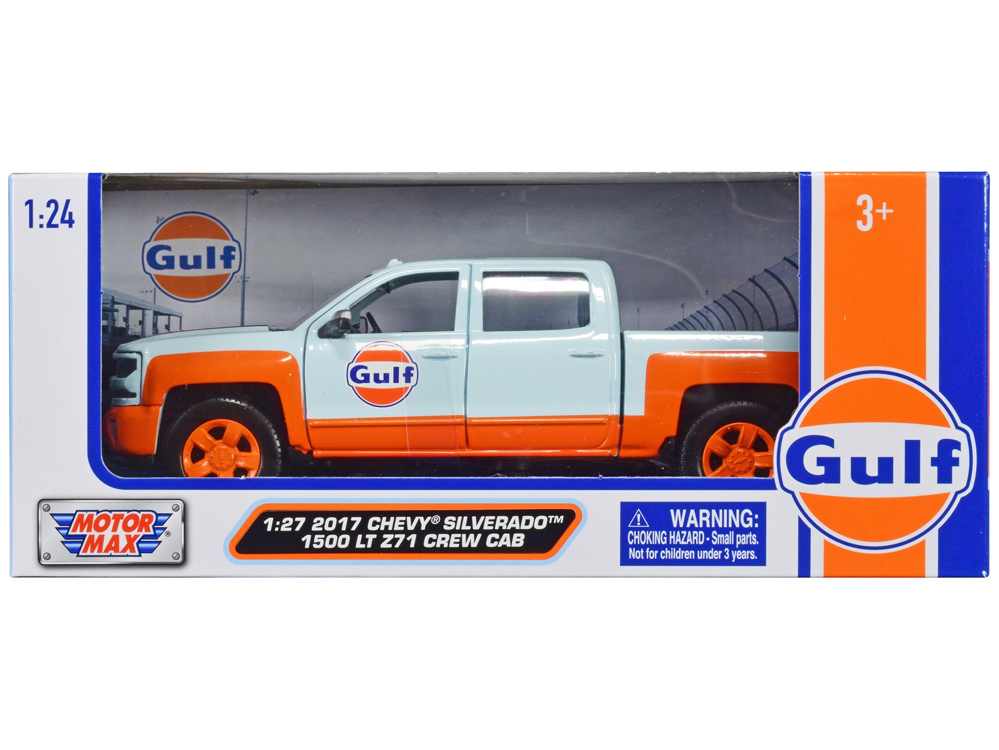 2017 Chevrolet Silverado 1500 LT Z71 Crew Cab Pickup Truck Light Blue with Orange Stripes "Gulf Oil" "Gulf Die-Cast Collection" 1/27 Diecast Model Car by Motormax-DiecastModeler.com