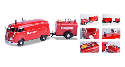 Volkswagen Type 2 (T1) Fire Van with Fire Fighting Trailer "Feuerwehr" Red 1/24 Diecast Model Car by Motormax