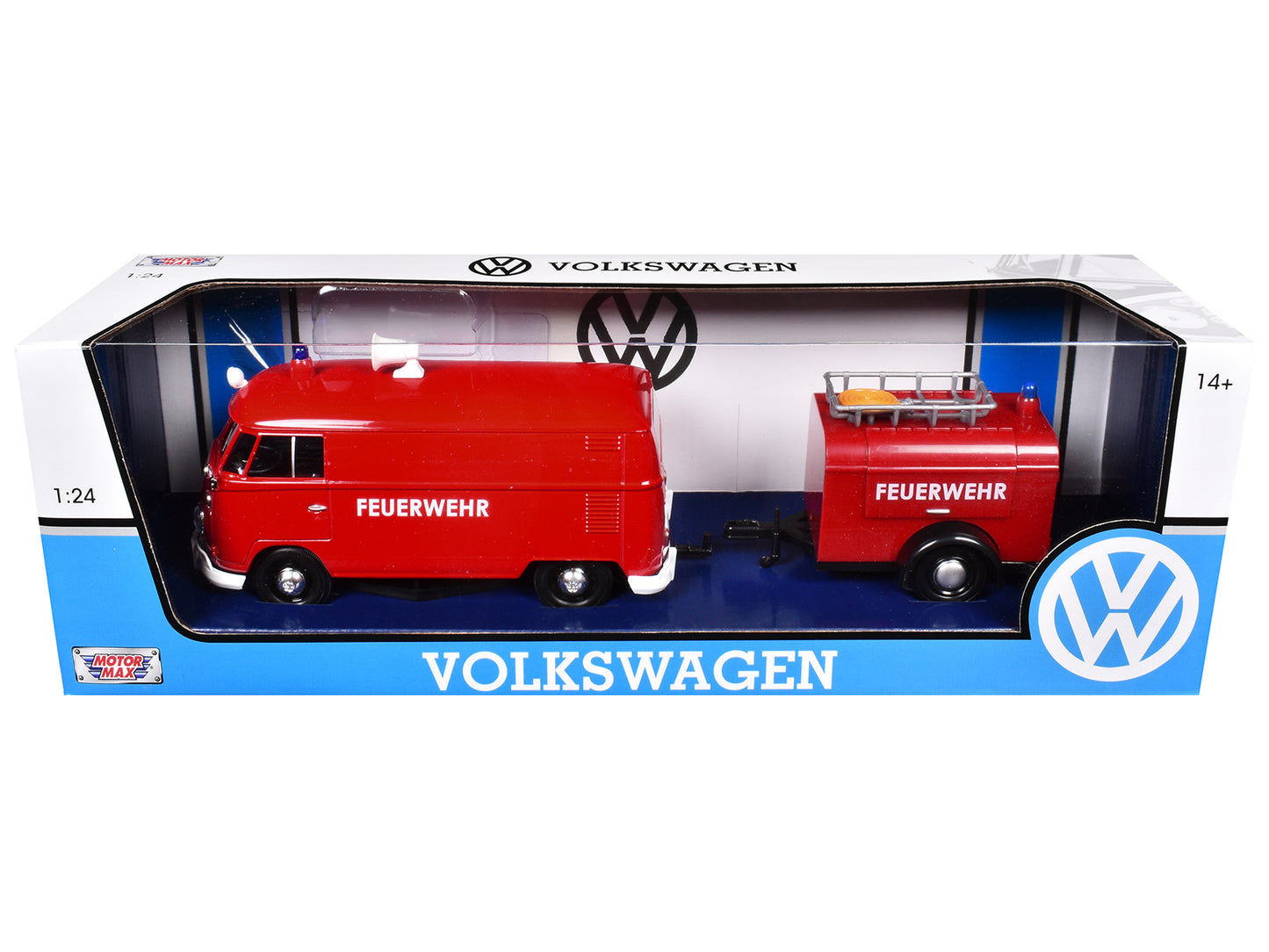 Volkswagen Type 2 (T1) Fire Van with Fire Fighting Trailer "Feuerwehr" Red 1/24 Diecast Model Car by Motormax