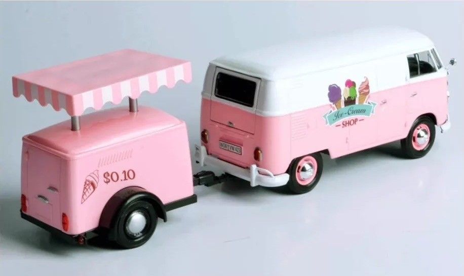 Volkswagen T1 Delivery Van with Ice-Cream Trailer Pink and White "Ice-Cream Shop" 1/24 Diecast Model Car by Motormax
