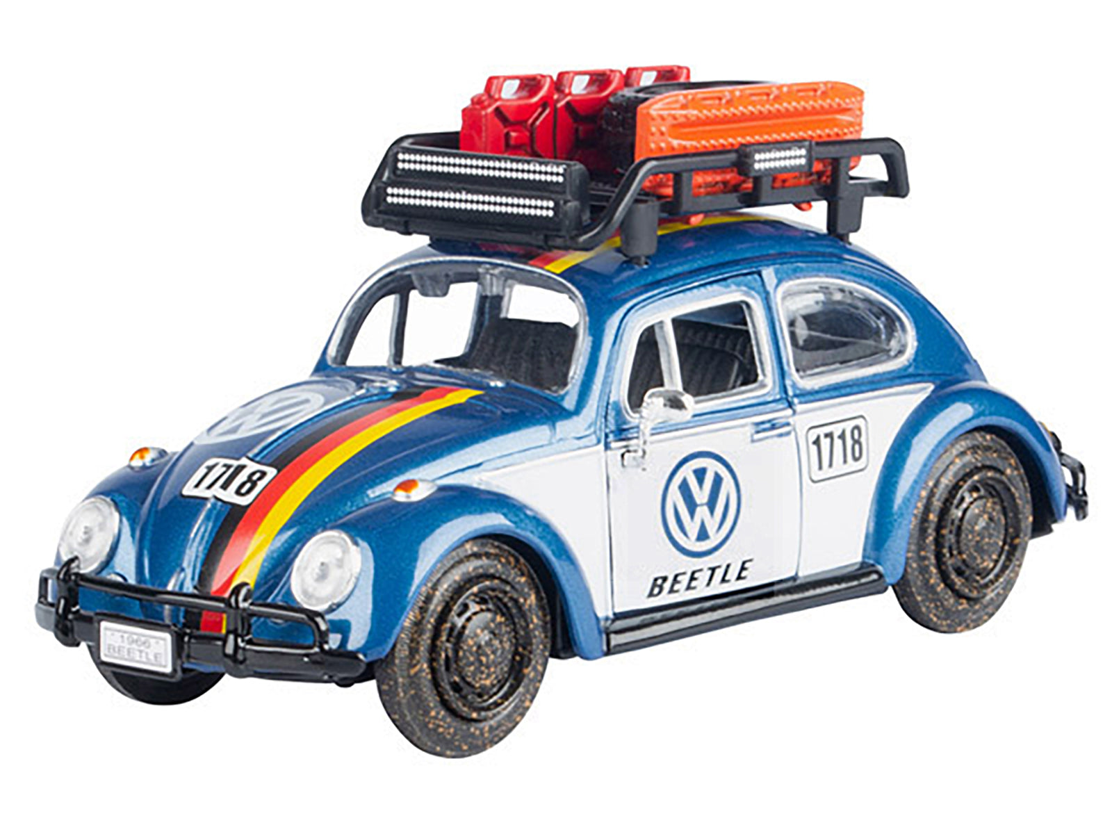 1966 Volkswagen Beetle Off Road #1718 Blue Metallic and White with German Flag Stripes and Roof Rack Accessories 1/24 Diecast Model Car by Motormax-DiecastModeler.com