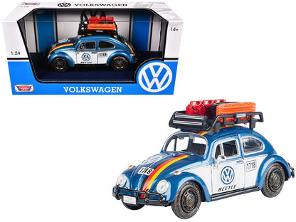 1966 Volkswagen Beetle Off Road #1718 Blue Metallic and White with German Flag Stripes and Roof Rack Accessories 1/24 Diecast Model Car by Motormax-DiecastModeler.com
