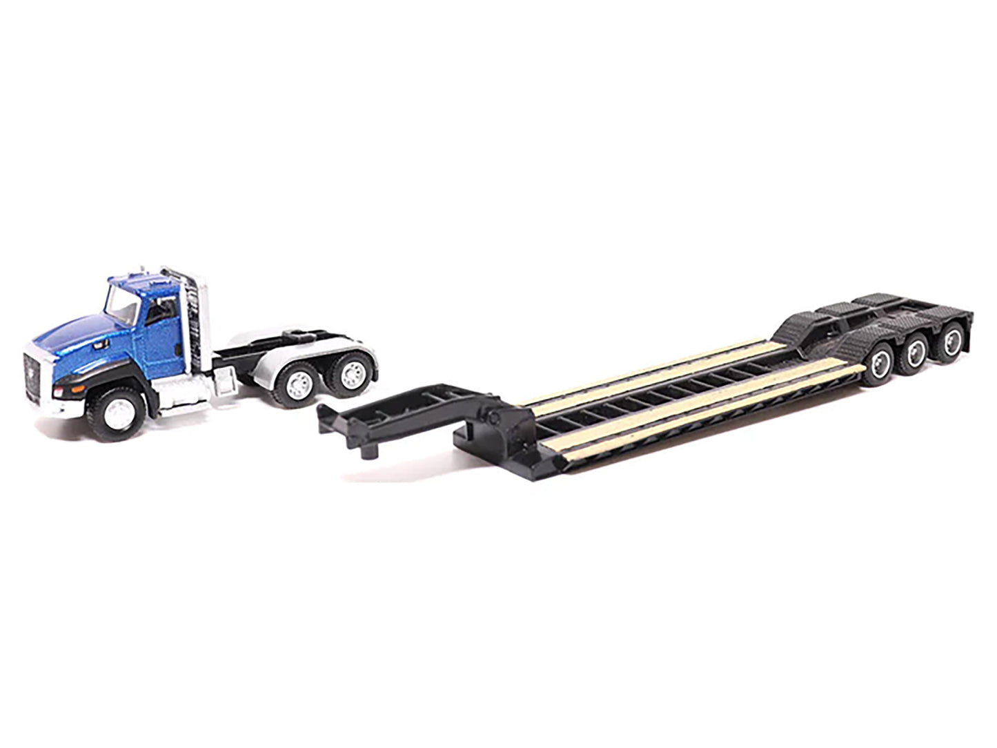 CAT Caterpillar CT660 Day Cab Tractor Blue Metallic with Lowboy Trailer and CAT 315C L Hydraulic Excavator Yellow 1/87 (HO) Diecast Model by Diecast Masters-DiecastModeler.com