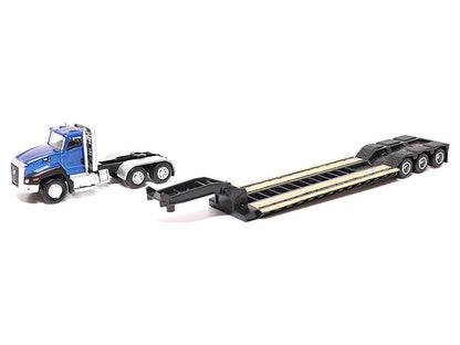 CAT Caterpillar CT660 Day Cab Tractor Blue Metallic with Lowboy Trailer and CAT 315C L Hydraulic Excavator Yellow 1/87 (HO) Diecast Model by Diecast Masters-DiecastModeler.com