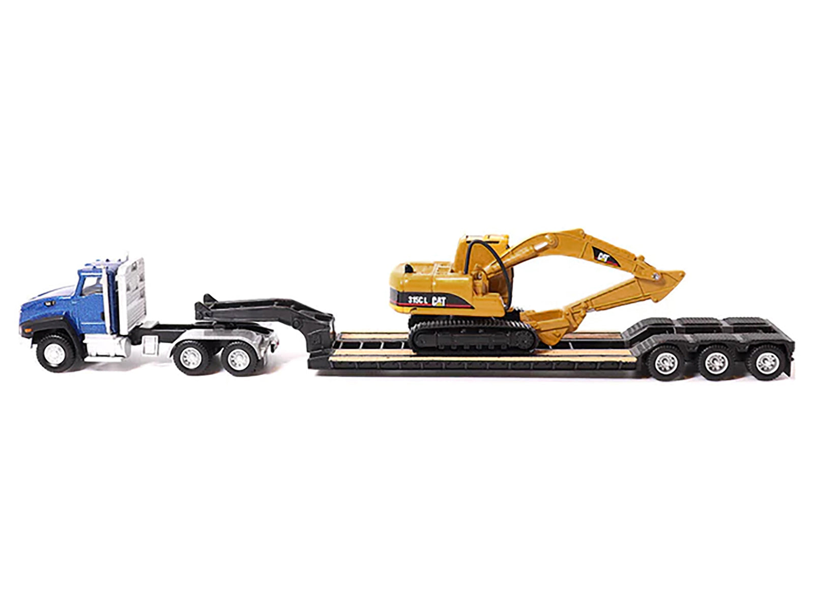 CAT Caterpillar CT660 Day Cab Tractor Blue Metallic with Lowboy Trailer and CAT 315C L Hydraulic Excavator Yellow 1/87 (HO) Diecast Model by Diecast Masters-DiecastModeler.com