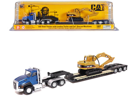 CAT Caterpillar CT660 Day Cab Tractor Blue Metallic with Lowboy Trailer and CAT 315C L Hydraulic Excavator Yellow 1/87 (HO) Diecast Model by Diecast Masters-DiecastModeler.com