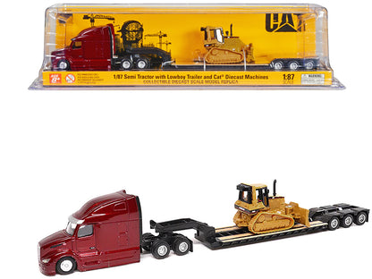 Peterbilt 579 UltraLoft Tandem Tractor Red Metallic with Lowboy Trailer and CAT D5M Dozer Yellow 1/87 (HO) Diecast Model by Diecast Masters-DiecastModeler.com