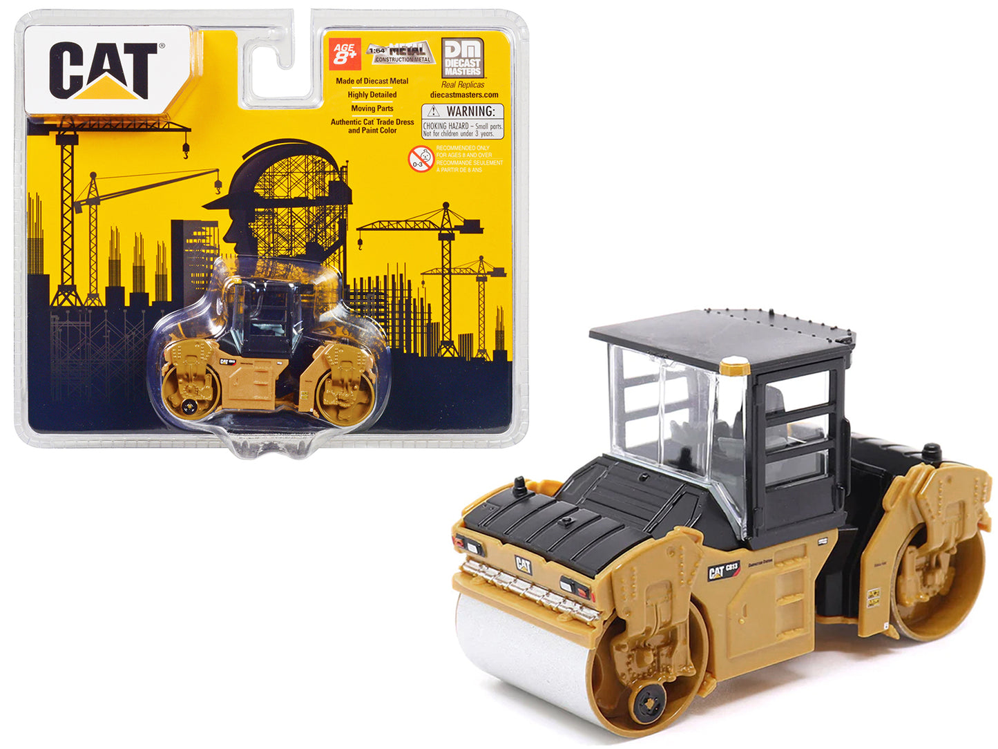 CAT Caterpillar CB-13 Tandem Vibratory Roller with Cab Yellow and Black 1/64 Diecast Model by Diecast Masters-DiecastModeler.com