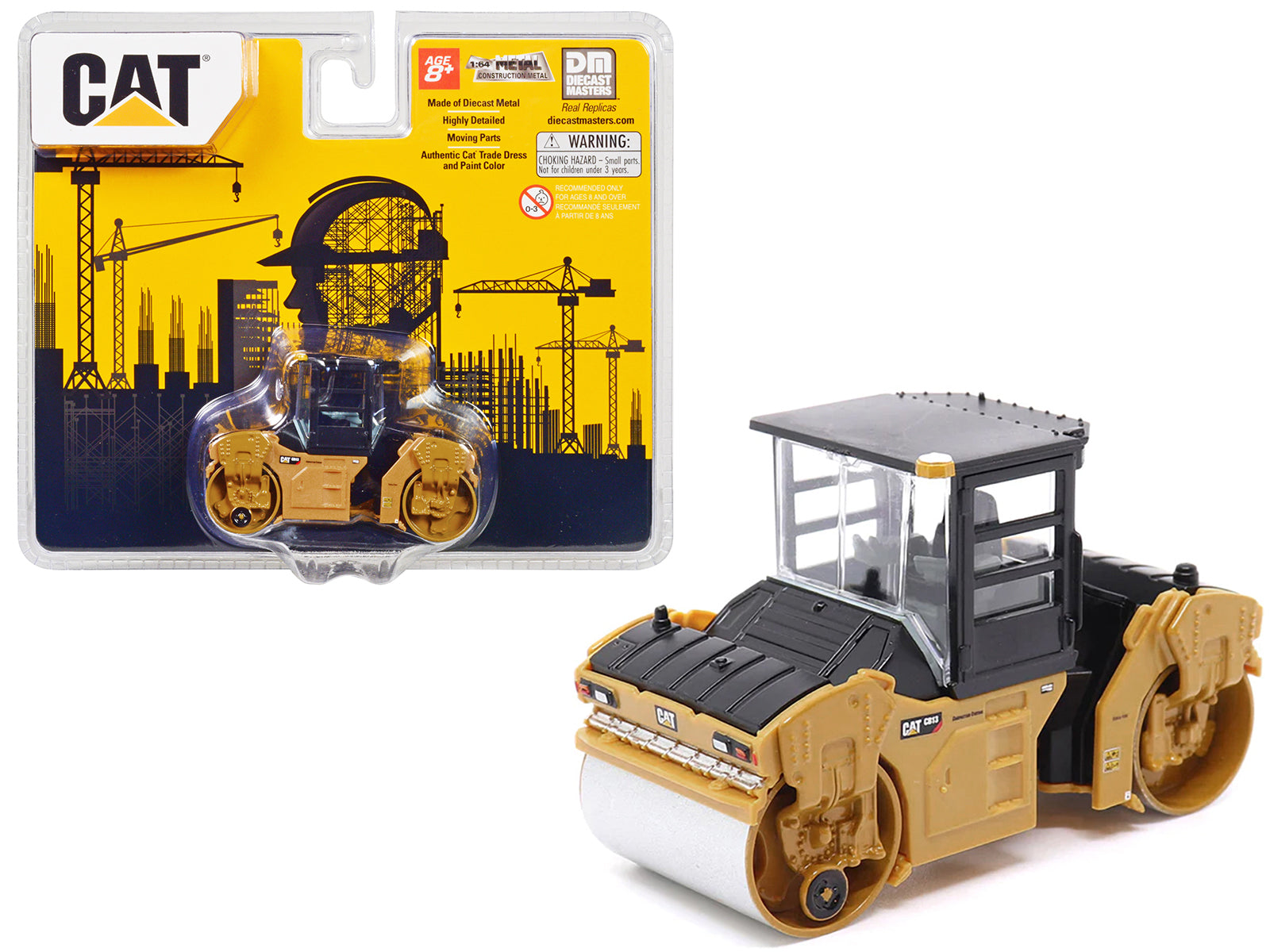CAT Caterpillar CB-13 Tandem Vibratory Roller with Cab Yellow and Black 1/64 Diecast Model by Diecast Masters-DiecastModeler.com