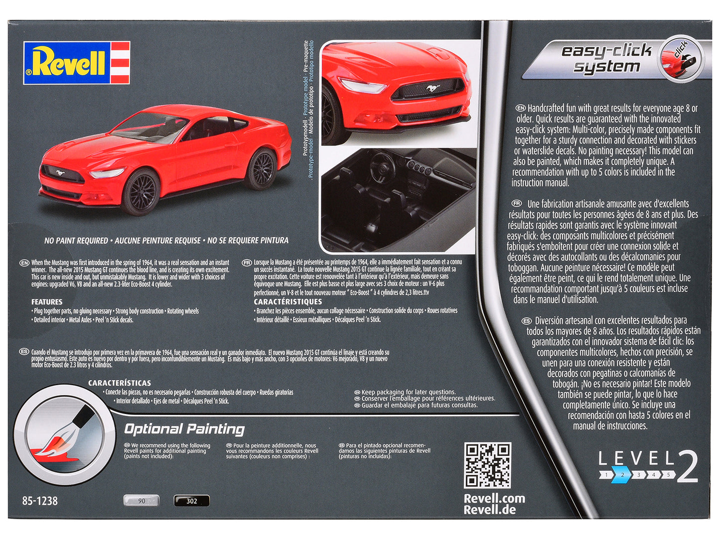 Level 2 Easy-Click Model Kit 2015 Ford Mustang GT 1/25 Scale Model by Revell-DiecastModeler.com