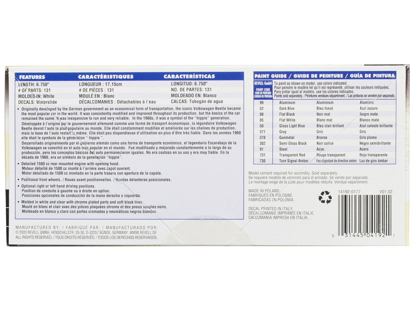 Level 4 Model Kit 1968 Volkswagen Beetle 1/24 Scale Model by Revell