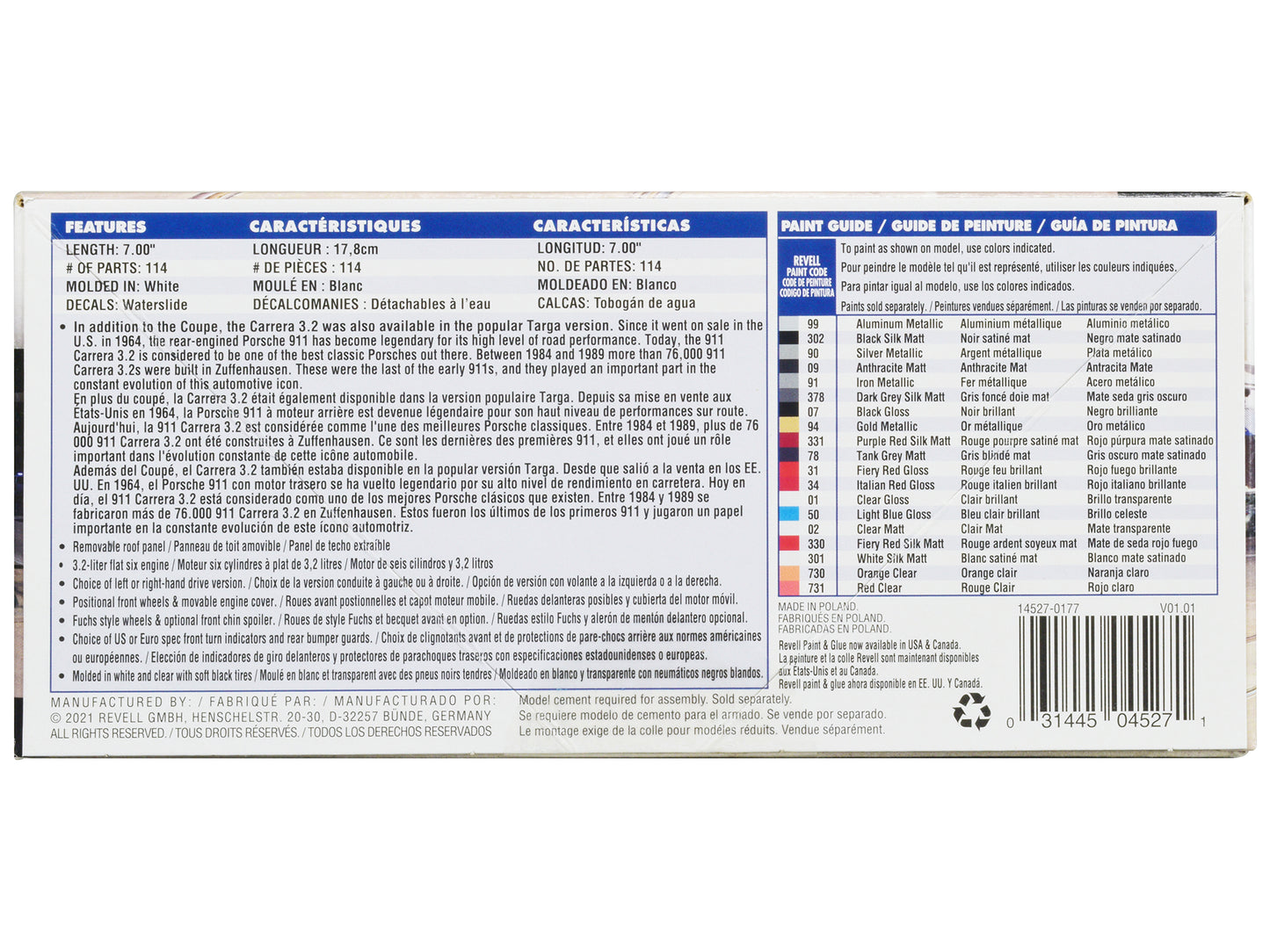 Level 4 Model Kit Porsche 911 Carrera 3.2 Targa 2-in-1 Kit 1/24 Scale Model by Revell-DiecastModeler.com