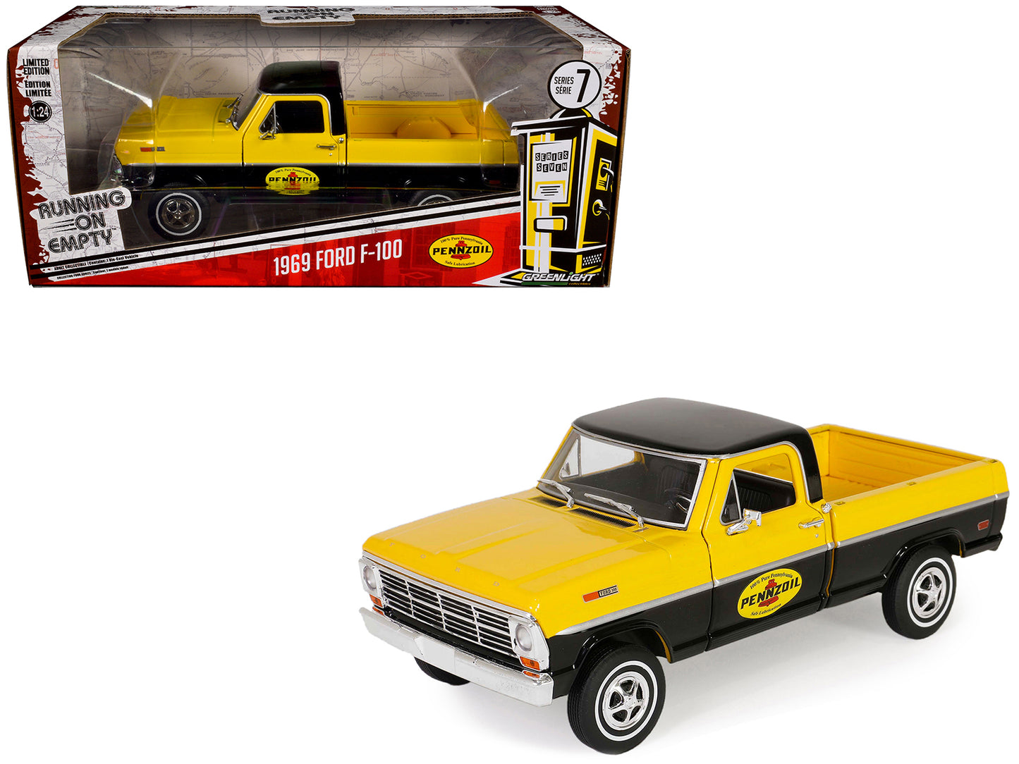 1969 Ford F-100 Pickup Truck "Pennzoil" Yellow and Black "Running on Empty" Series 7 1/24 Diecast Model Car by Greenlight-DiecastModeler.com
