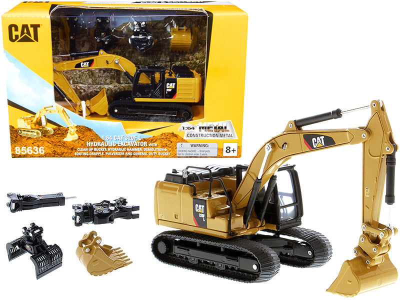 CAT Caterpillar 320F L Hydraulic Tracked Excavator with 5 Work Tools "Play & Collect!" 1/64 Diecast Model by Diecast Masters-DiecastModeler.com