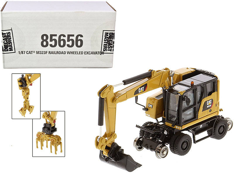 CAT Caterpillar M323F Railroad Wheeled Excavator with 3 Accessories (CAT Yellow Version) "High Line" Series 1/87 (HO) Scale Diecast Model by Diecast Masters-DiecastModeler.com