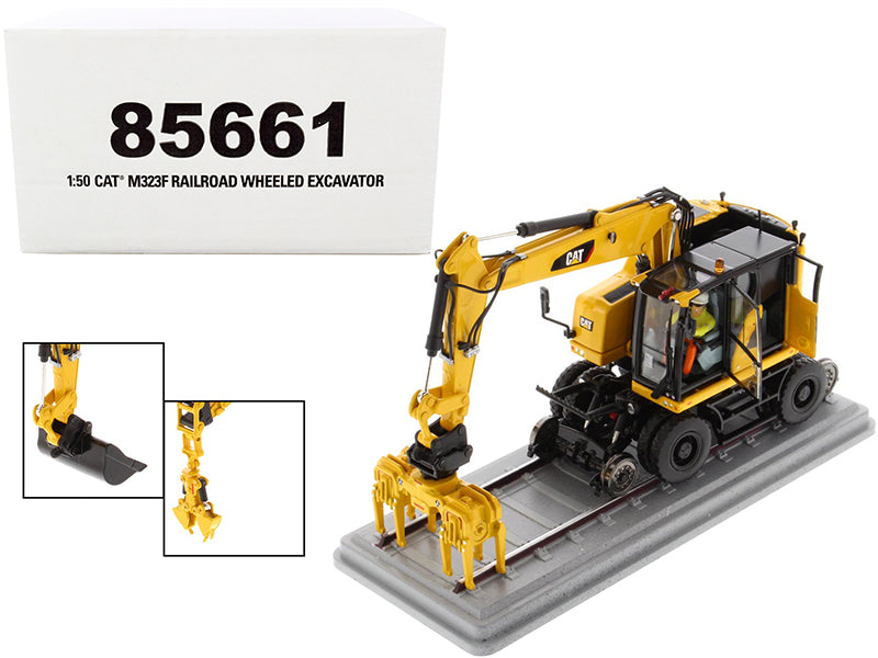 CAT Caterpillar M323F Railroad Wheeled Excavator with Operator and 3 Work Tools Safety Yellow Version "High Line Series" 1/50 Diecast Model by Diecast Masters-DiecastModeler.com