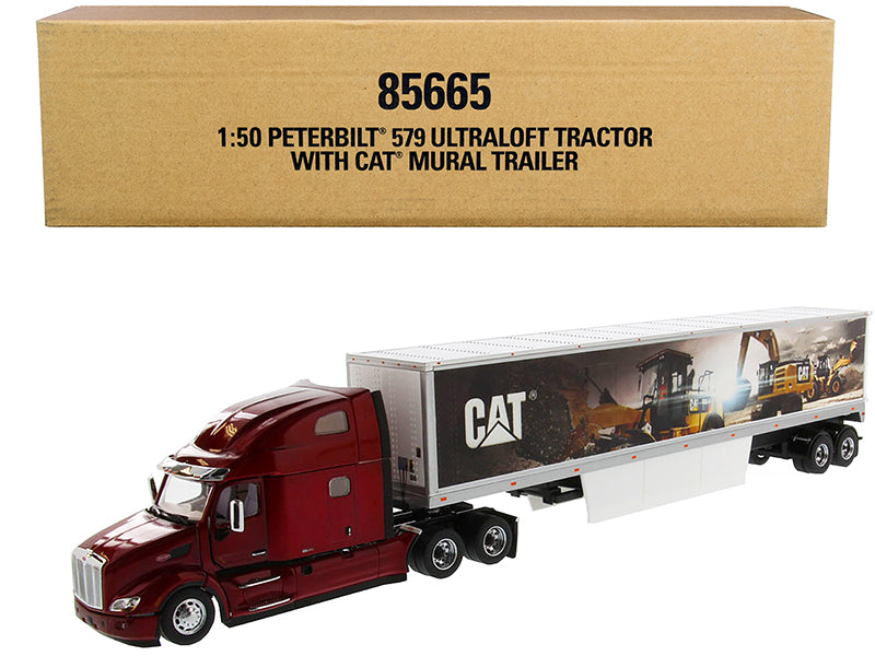 Peterbilt 579 UltraLoft Truck Tractor Red with "CAT Caterpillar" Mural Dry Van Trailer "Transport Series" 1/50 Diecast Model by Diecast Masters-DiecastModeler.com