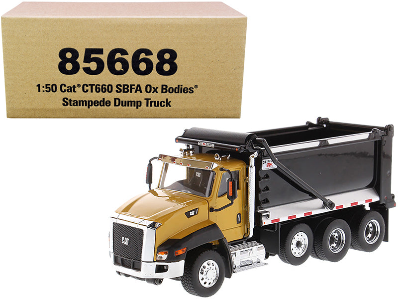 CAT Caterpillar CT660 SBFA with Ox Bodies Stampede Dump Truck Yellow and Black 1/50 Diecast Model by Diecast Masters-DiecastModeler.com