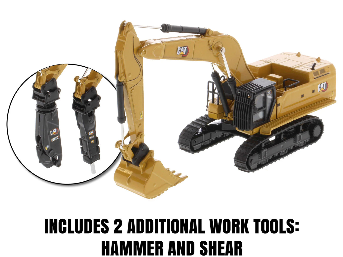 CAT Caterpillar 395 Next-Generation Hydraulic Excavator (General Purpose Version) Yellow with Additional Tools "High Line Series" 1/87 (HO) Diecast Model by Diecast Masters-DiecastModeler.com