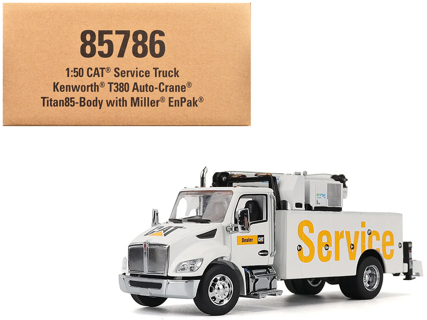 Kenworth T380 Auto-Crane Titan 85 Truck with Miller EnPak White "Transport Series" 1/50 Diecast Model by Diecast Masters-DiecastModeler.com