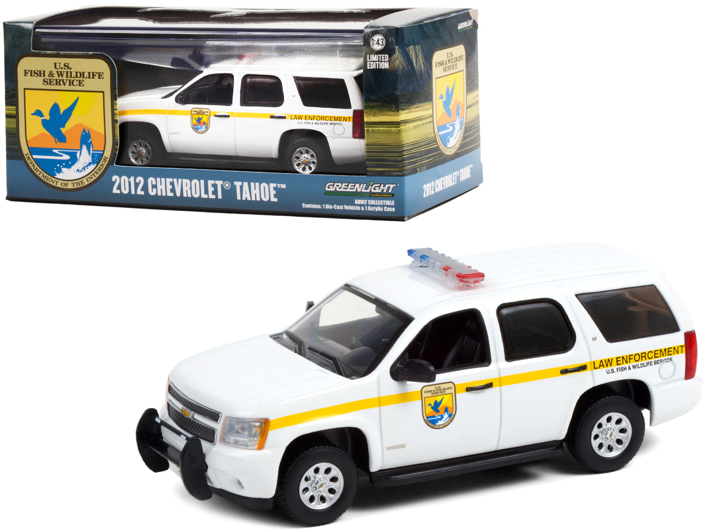 2012 Chevrolet Tahoe White with Yellow Stripes "U.S. Fish & Wildlife Service Law Enforcement" 1/43 Diecast Model Car by Greenlight-DiecastModeler.com