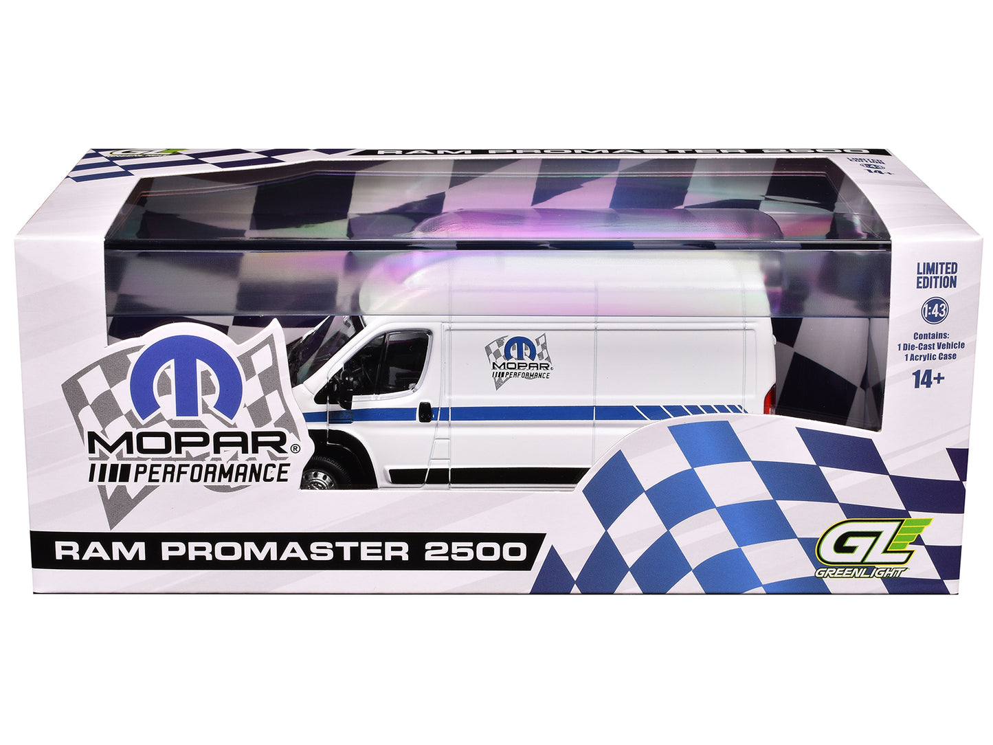2018 RAM ProMaster 2500 Cargo High Roof Van "MOPAR Performance" White with Blue Stripes 1/43 Diecast Model Car by Greenlight