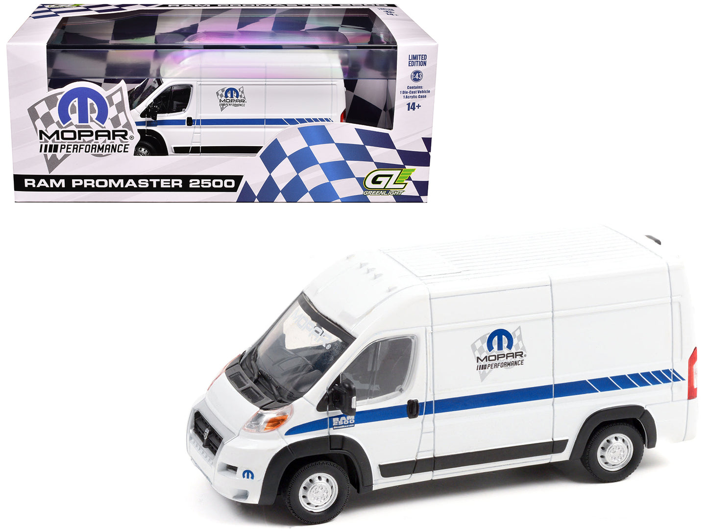 2018 RAM ProMaster 2500 Cargo High Roof Van "MOPAR Performance" White with Blue Stripes 1/43 Diecast Model Car by Greenlight-DiecastModeler.com