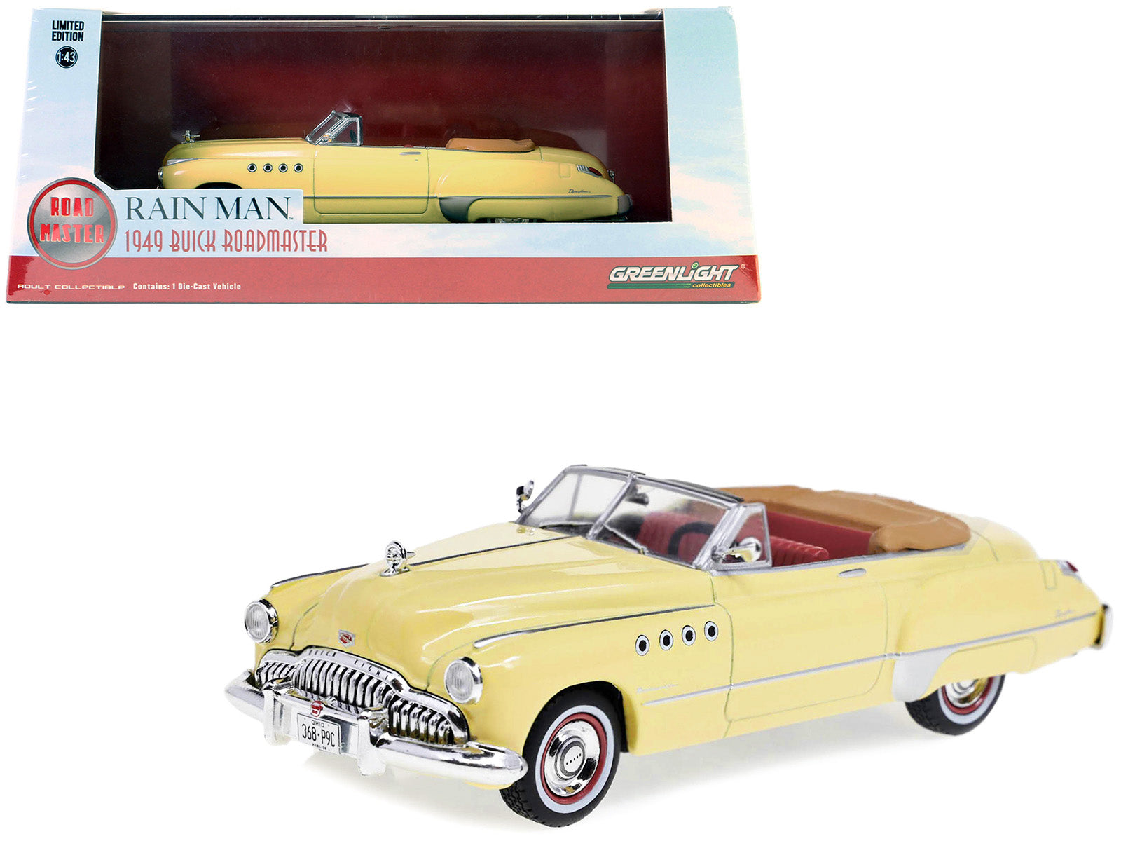 Charlie Babbitt's 1949 Buick Roadmaster Convertible Cream with Red Interior "Rain Man" (1988) Movie 1/43 Diecast Model Car by Greenlight-DiecastModeler.com