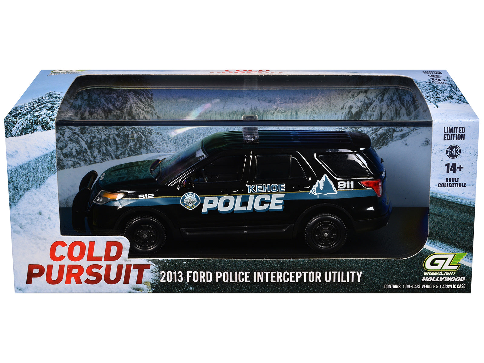 2013 Ford Police Interceptor Utility "Kehoe Police Department Kehoe Colorado" Black with White Stripes "Cold Pursuit" (2019) Movie 1/43 Diecast Model Car by Greenlight-DiecastModeler.com
