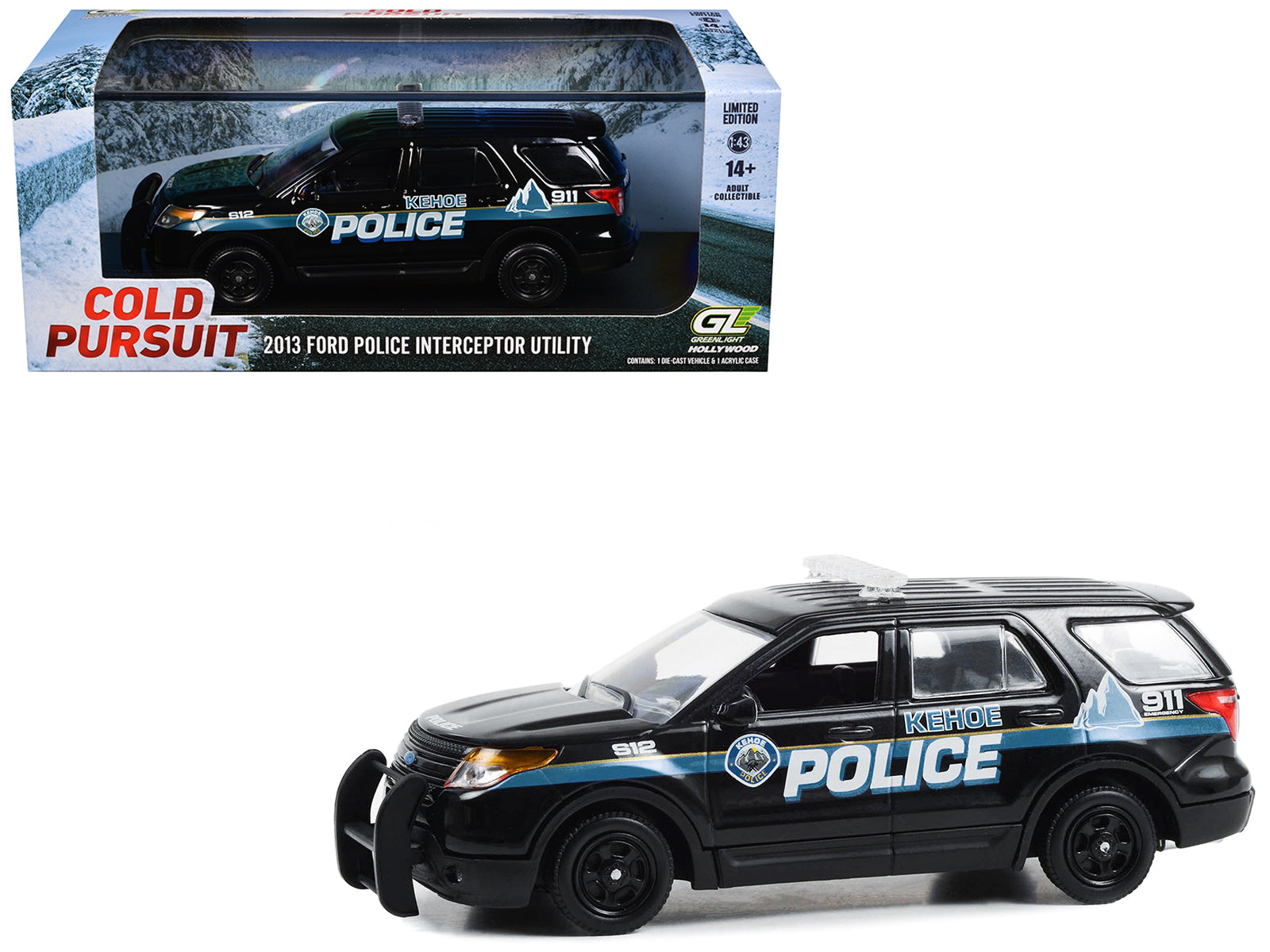 2013 Ford Police Interceptor Utility "Kehoe Police Department Kehoe Colorado" Black with White Stripes "Cold Pursuit" (2019) Movie 1/43 Diecast Model Car by Greenlight-DiecastModeler.com