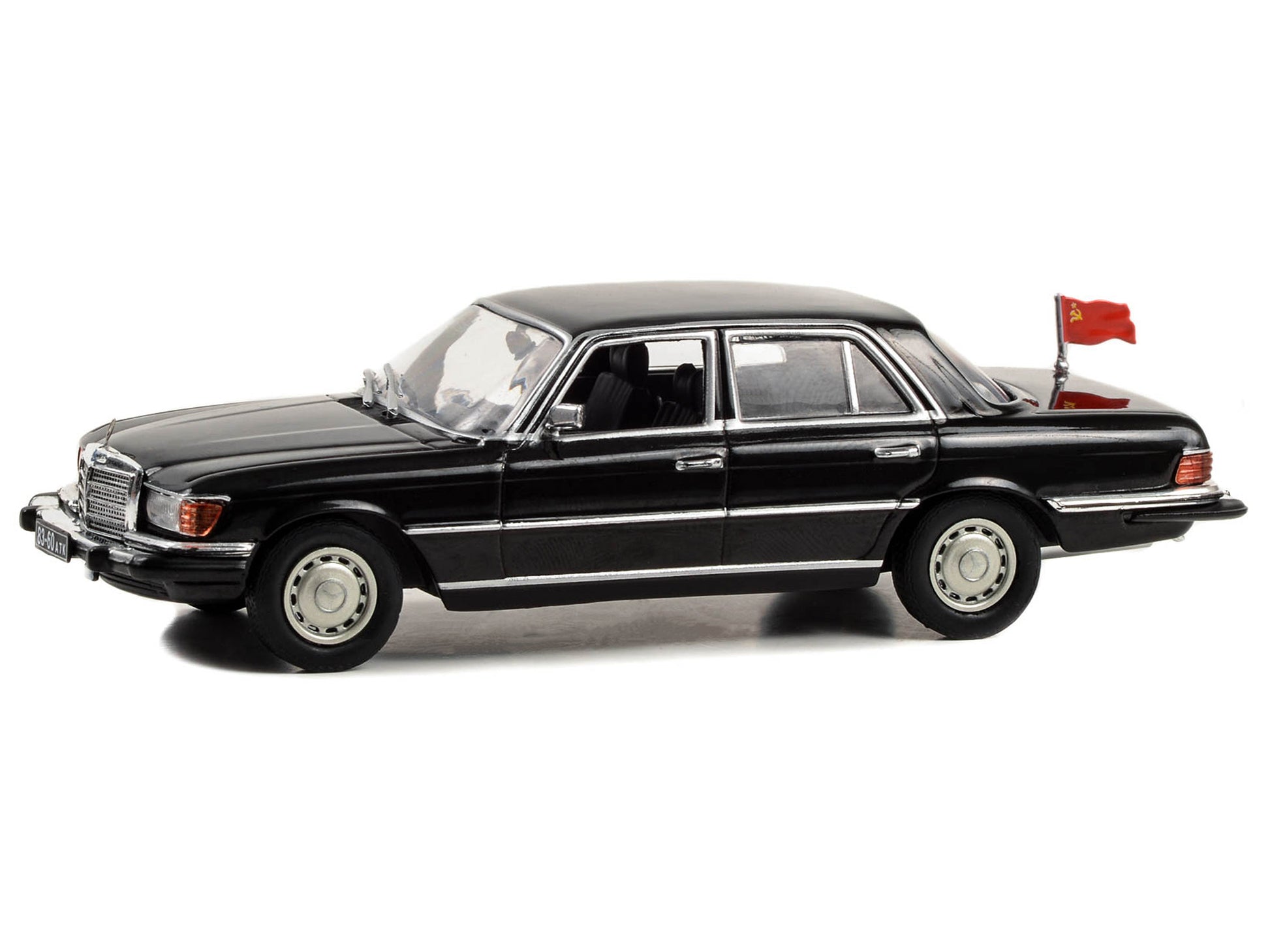 1977 Mercedes-Benz 450 SEL (W116) Black with Soviet Flag "Rocky IV" (1985) Movie 1/43 Diecast Model Car by Greenlight-DiecastModeler.com