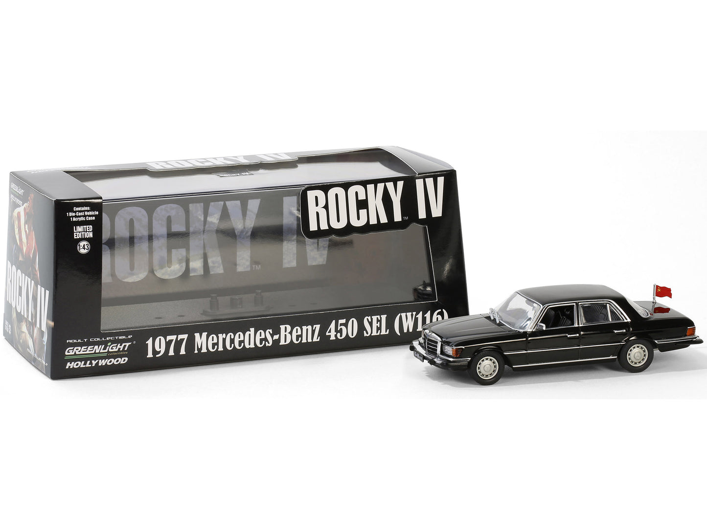 1977 Mercedes-Benz 450 SEL (W116) Black with Soviet Flag "Rocky IV" (1985) Movie 1/43 Diecast Model Car by Greenlight-DiecastModeler.com