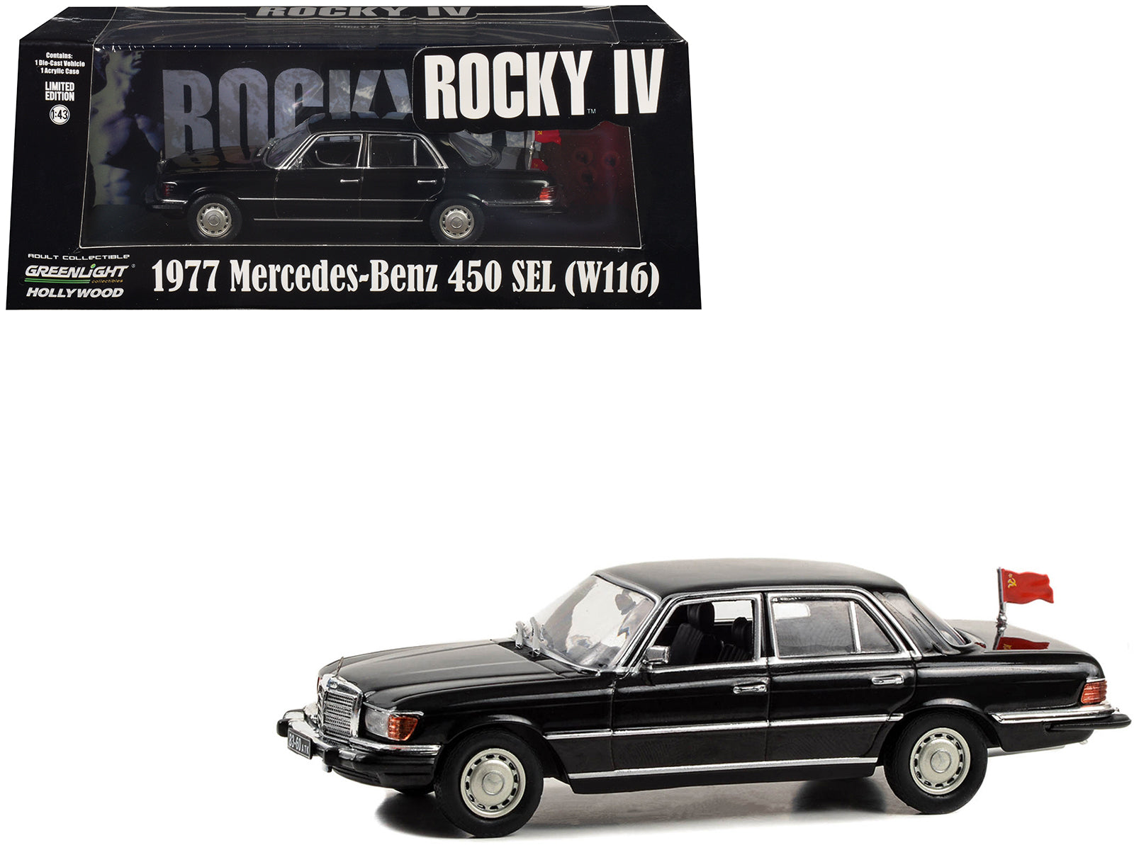 1977 Mercedes-Benz 450 SEL (W116) Black with Soviet Flag "Rocky IV" (1985) Movie 1/43 Diecast Model Car by Greenlight-DiecastModeler.com