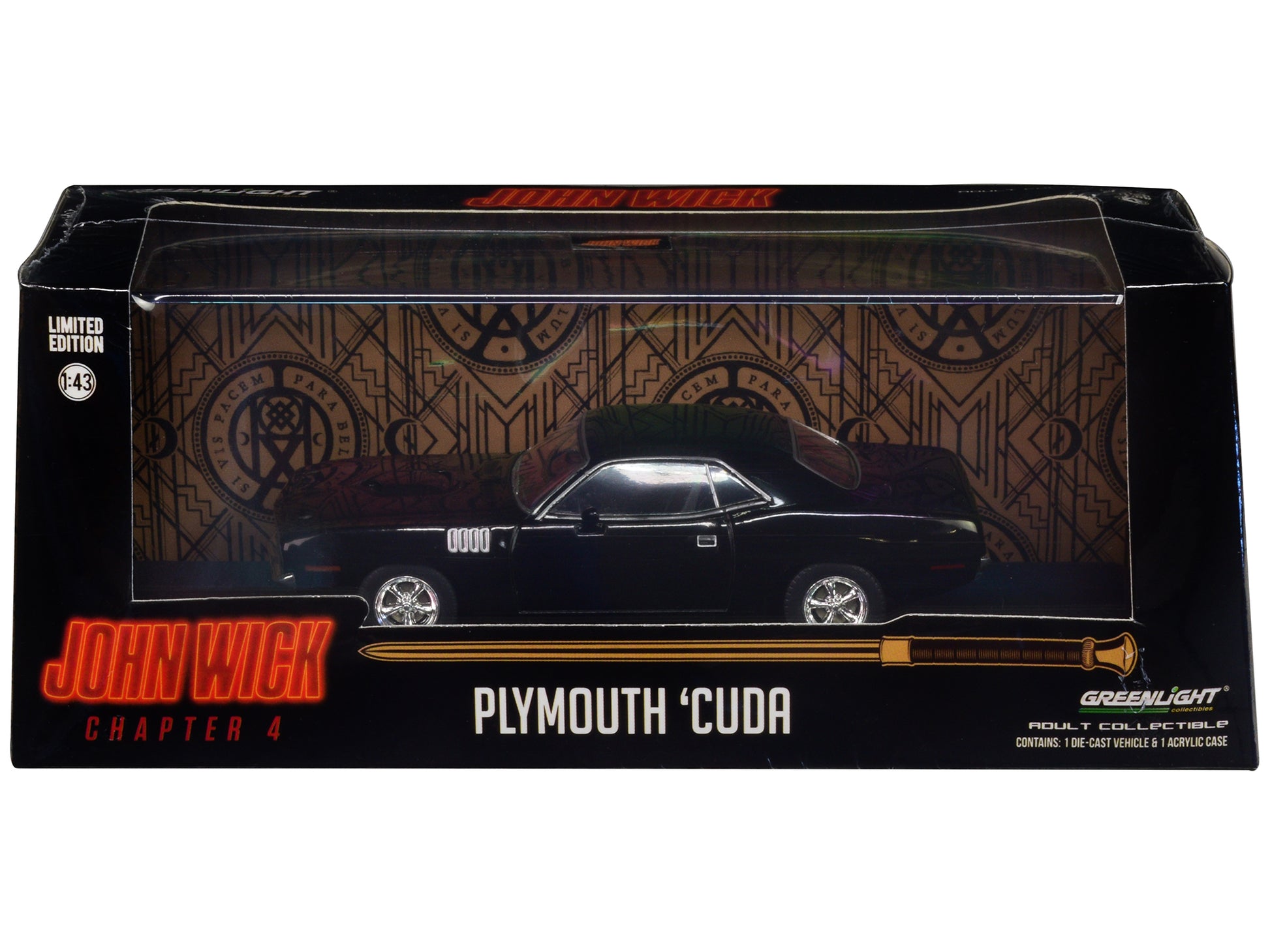 1971 Plymouth Barracuda Black "John Wick: Chapter 4" (2023) Movie "Hollywood" Series 1/43 Diecast Model Car by Greenlight-DiecastModeler.com