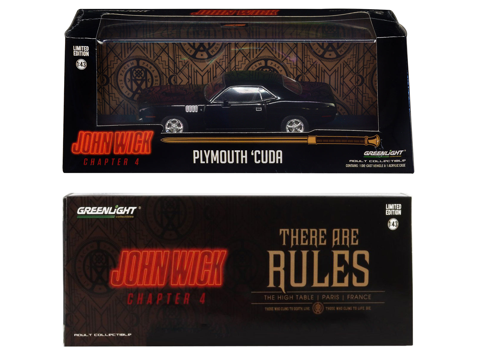 1971 Plymouth Barracuda Black "John Wick: Chapter 4" (2023) Movie "Hollywood" Series 1/43 Diecast Model Car by Greenlight-DiecastModeler.com