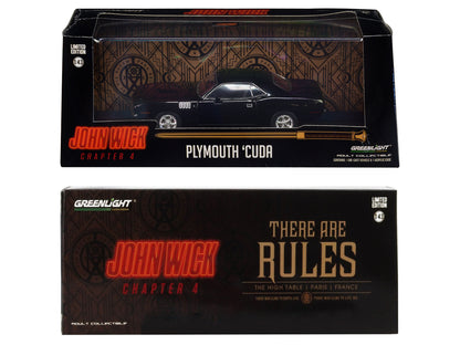 1971 Plymouth Barracuda Black "John Wick: Chapter 4" (2023) Movie "Hollywood" Series 1/43 Diecast Model Car by Greenlight-DiecastModeler.com