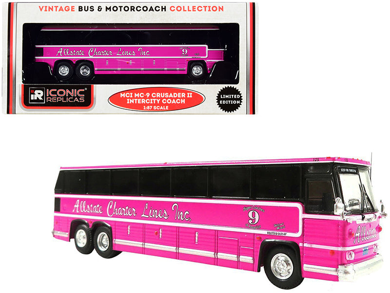 1980 MCI MC-9 Crusader II Intercity Coach Bus Pink "Allstate Charter Lines Inc." "Vintage Bus & Motorcoach Collection" 1/87 (HO) Diecast Model by Iconic Replicas-DiecastModeler.com