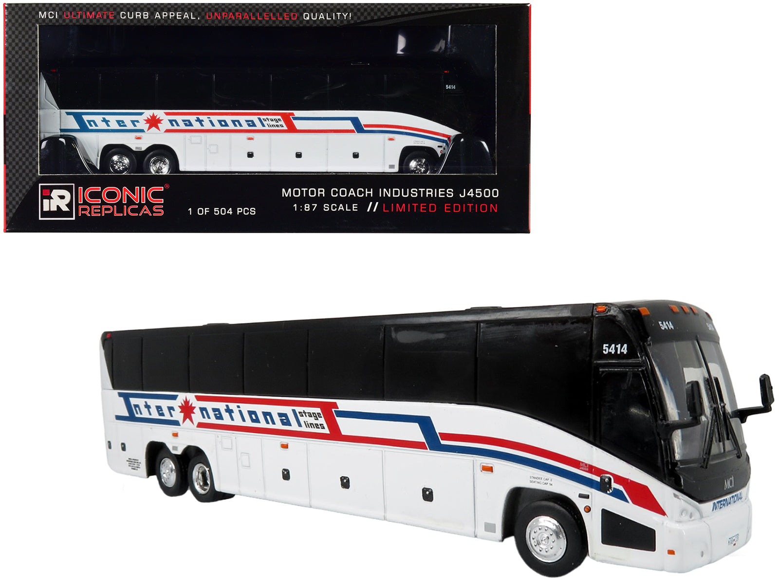 MCI J4500 Coach Bus "International Stage Lines" White "The Bus & Motorcoach Collection" Limited Edition to 504 pieces Worldwide 1/87 (HO) Diecast Model by Iconic Replicas-DiecastModeler.com
