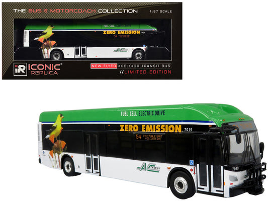 New Flyer Xcelsior XHE40 Transit Bus "AC Transit - Zero Emission" White and Green with Graphics "The Bus & Motorcoach Collection" Limited Edition 1/87 (HO) Diecast Model by Iconic Replicas-DiecastModeler.com
