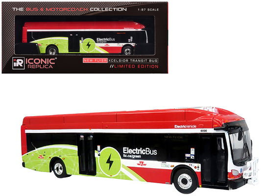 New Flyer Xcelsior Charge NG Electric Transit Bus "TTC (Toronto Transit Commission)" Red and Green with White Stripes "The Bus & Motorcoach Collection" 1/87 (HO) Diecast Model by Iconic Replicas-DiecastModeler.com