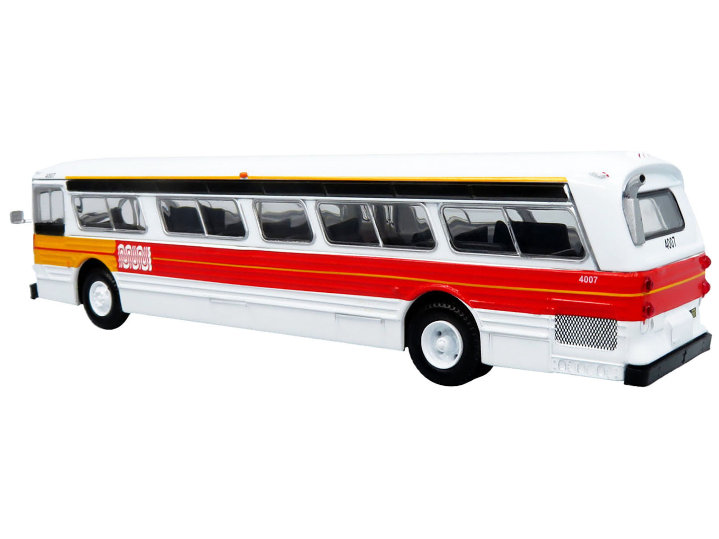 Flxible 53102 New Look Transit Bus "San Francisco MUNI - Landor Scheme" White with Red and Yellow Stripes "Vintage Bus & Motorcoach Collection" Limited Edition 1/87 (HO) Diecast Model by Iconic Replicas